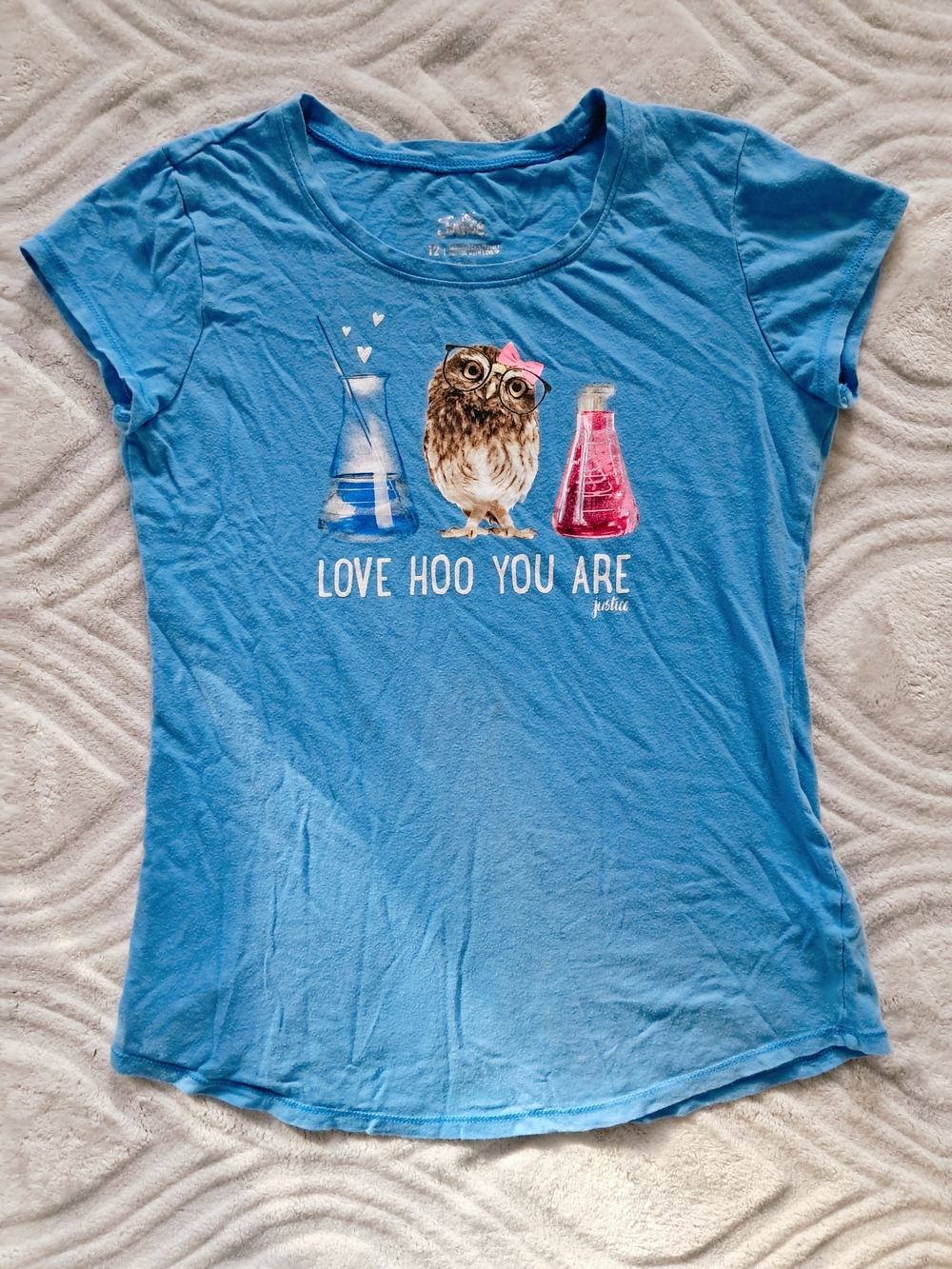 Justice Blue Owl Graphic Tee with Pink & White Accents